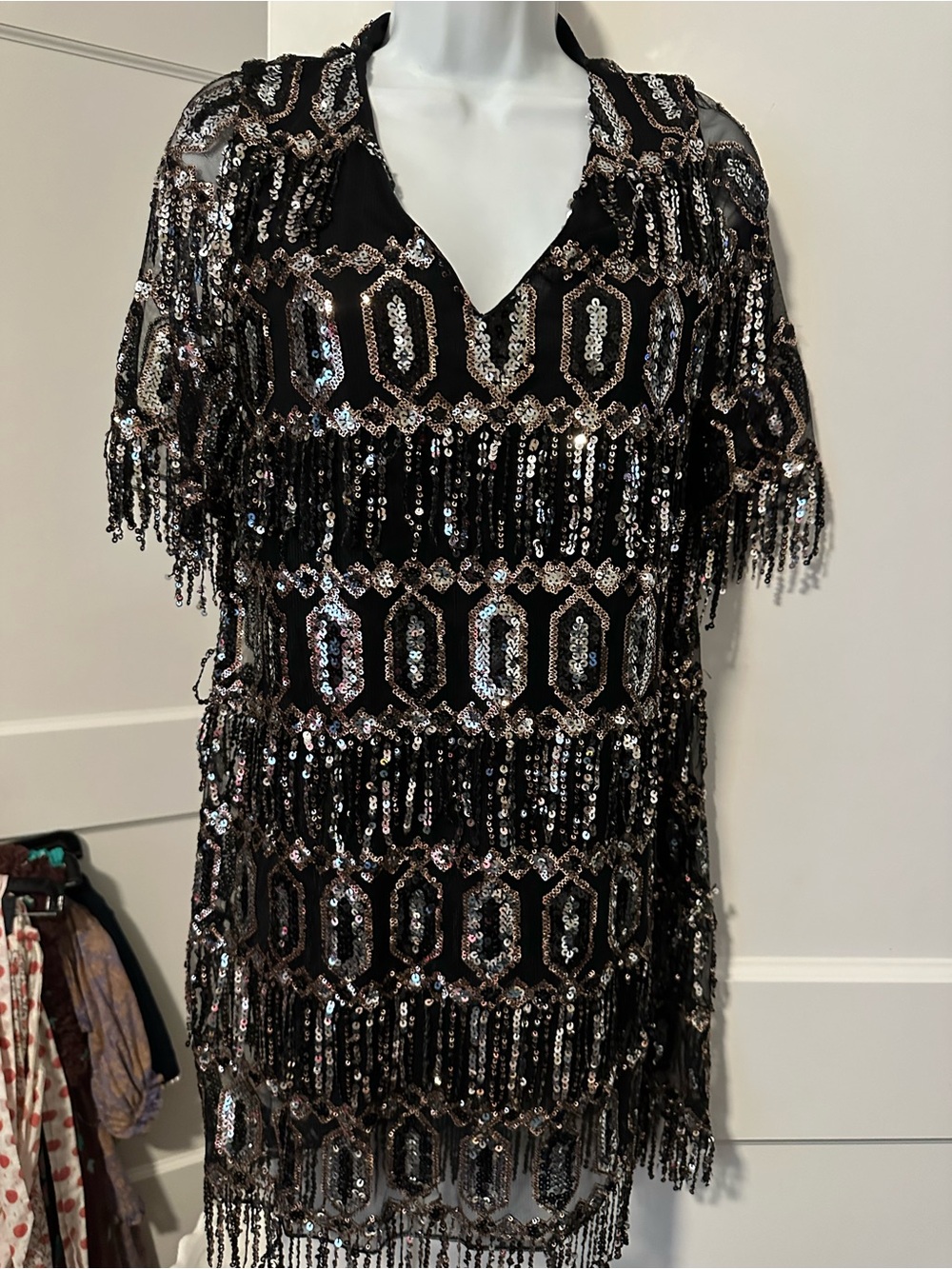 Zara Black Sequin Fringe V-Neck Mini Dress